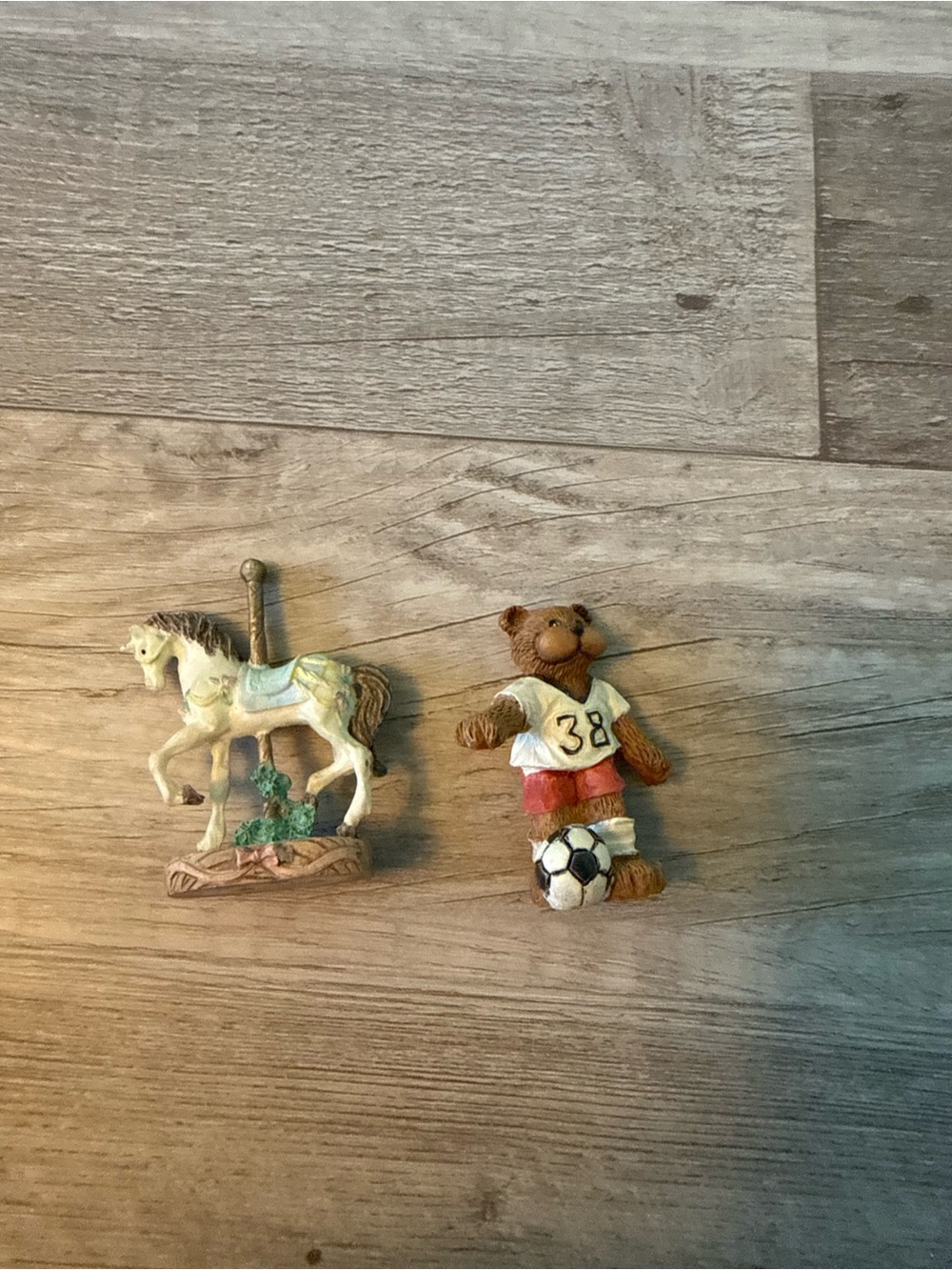 Children's Brown Bear Soccer Figurine and Cream Carousel Horse Toy Set